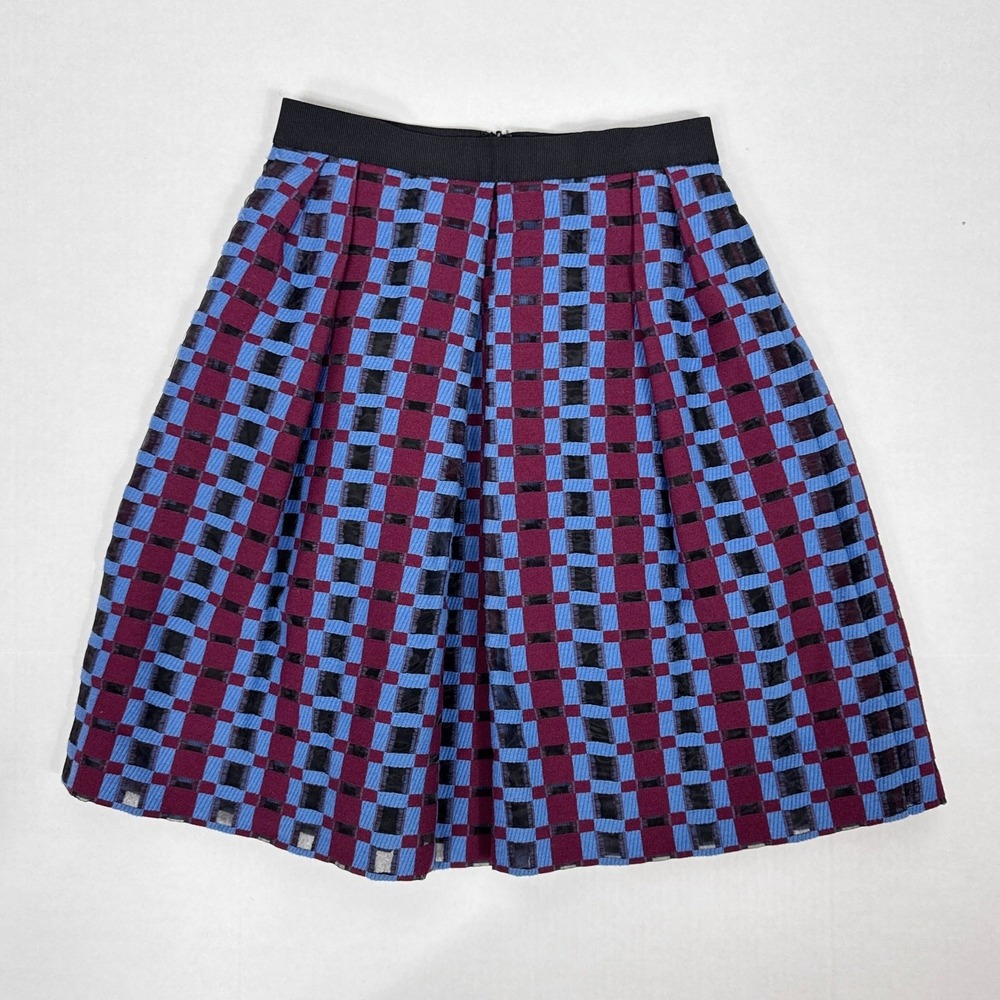Scanlan Theodore Pleated Skirt Women US 2 AUS 6 Burgundy Blue Check Wool Blend